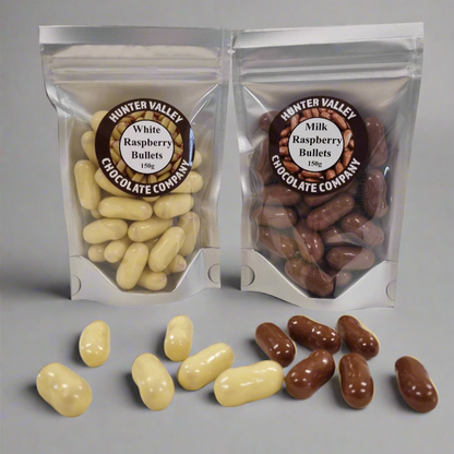 Milk chocolate raspberry bullets