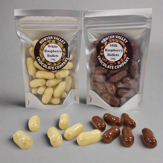 Milk chocolate raspberry bullets